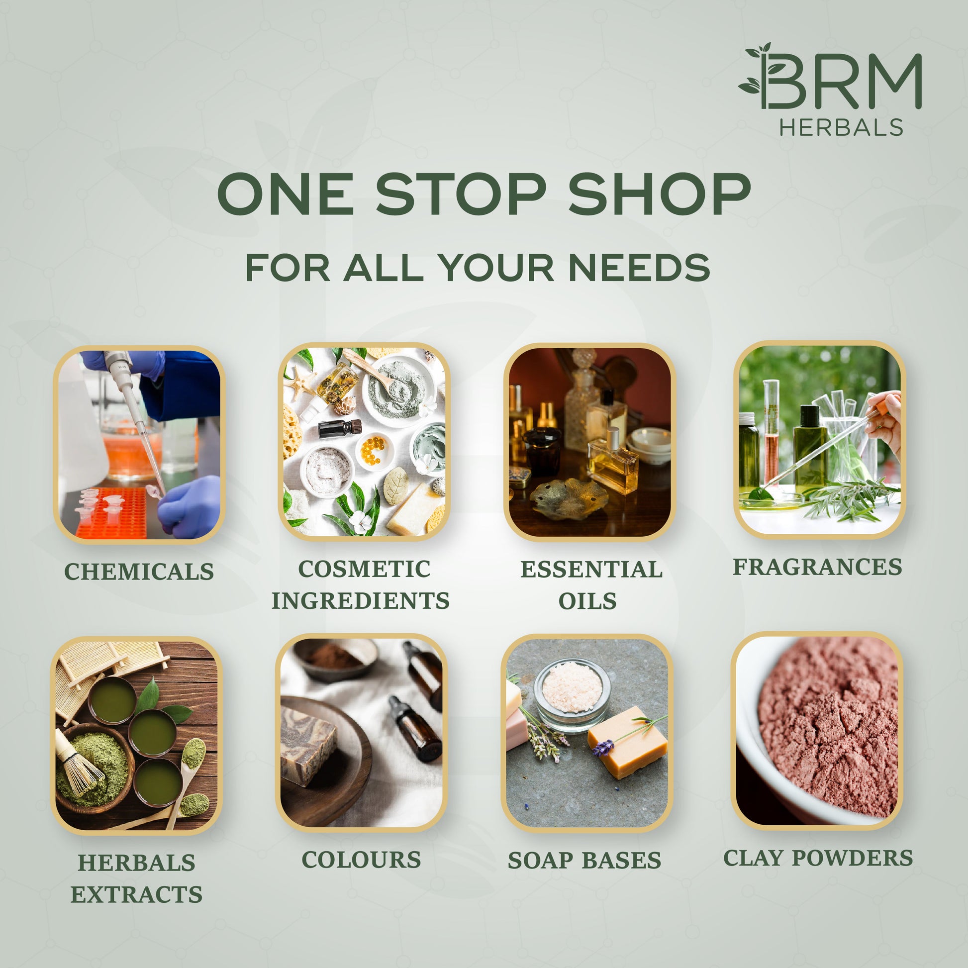brm one stop banner with chemicals, cosmetic ingredients, essential oils, fragrances, herbals extracts, colours, soap bases, clay powders